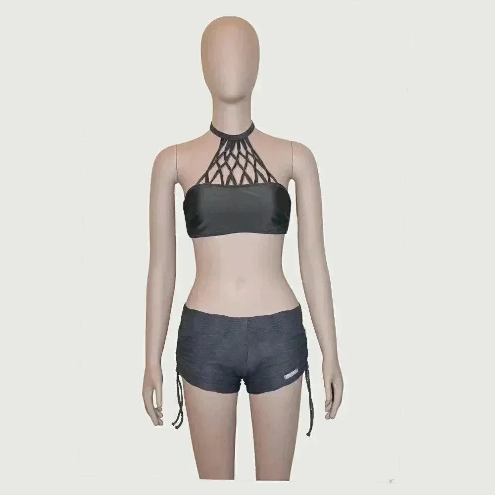 Black Bikini Halter Crop Top Size Small Swimwear Spaghetti Strap Top Vacation